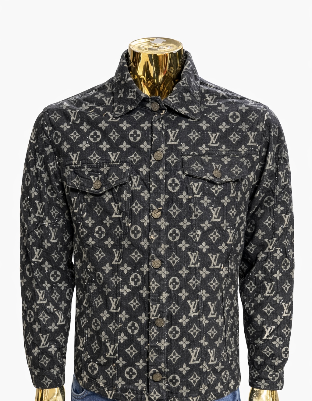 6BA2E399-C983-42AC-BDC7-51A6DE7061B6 Louis Vuitton Grey Embellished Monogram Raw Edge Denim Jacket XL - Image 1