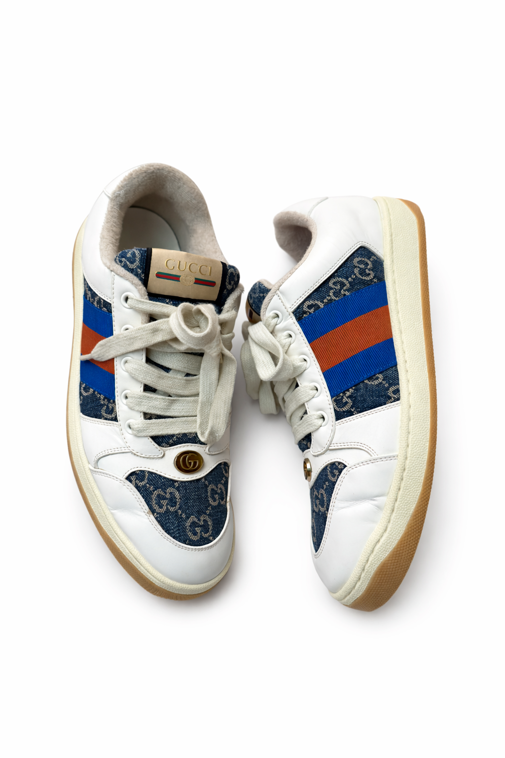 9B150628-2F71-471D-82ED-5774178C5DA7 Gucci Men's 'Screener GG' Sneakers in Blue Denim and White Leather - Image 1