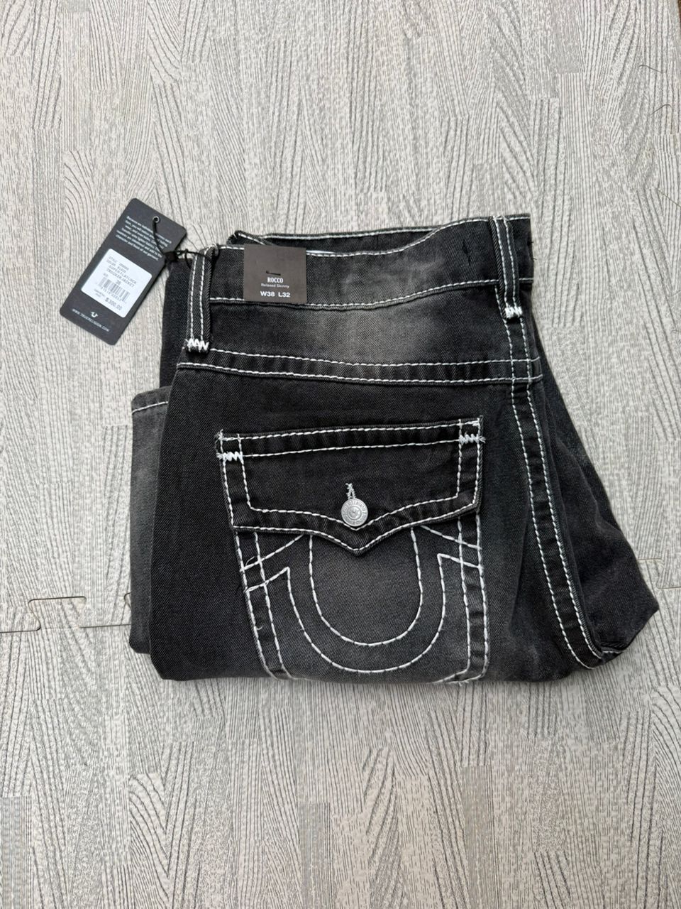 WhatsApp Image 2026-02-21 at 11.05.35 AM True Religion Jeans Men's Waist 38x Length 44 Straight Acid Bleach Flap Pockets USA BLACK - Image 1
