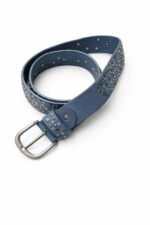 blue leather or faux leather belt