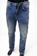 Men's jeans featuring stylized cross patches