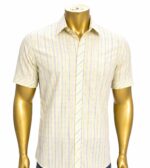Yellow and blue striped short-sleeve shirt. (M)