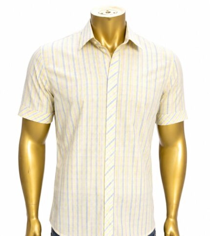 Yellow and blue striped short-sleeve shirt. (M)